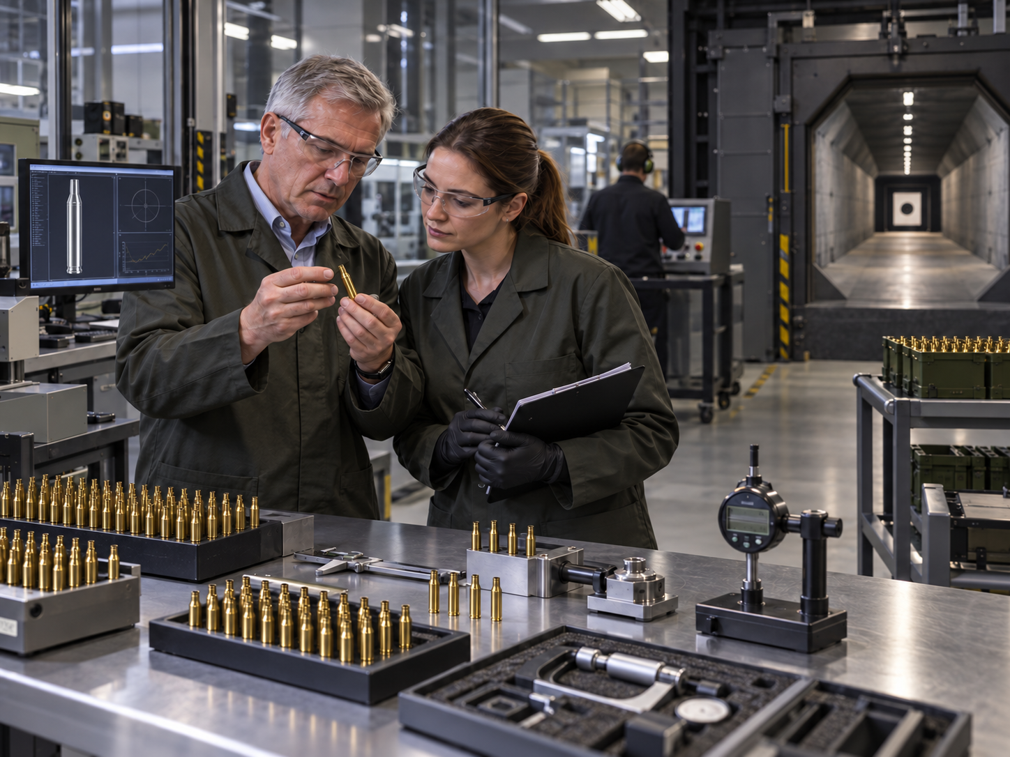 Senior specialists inspecting 5.56 millimetre cases in a defence test facility