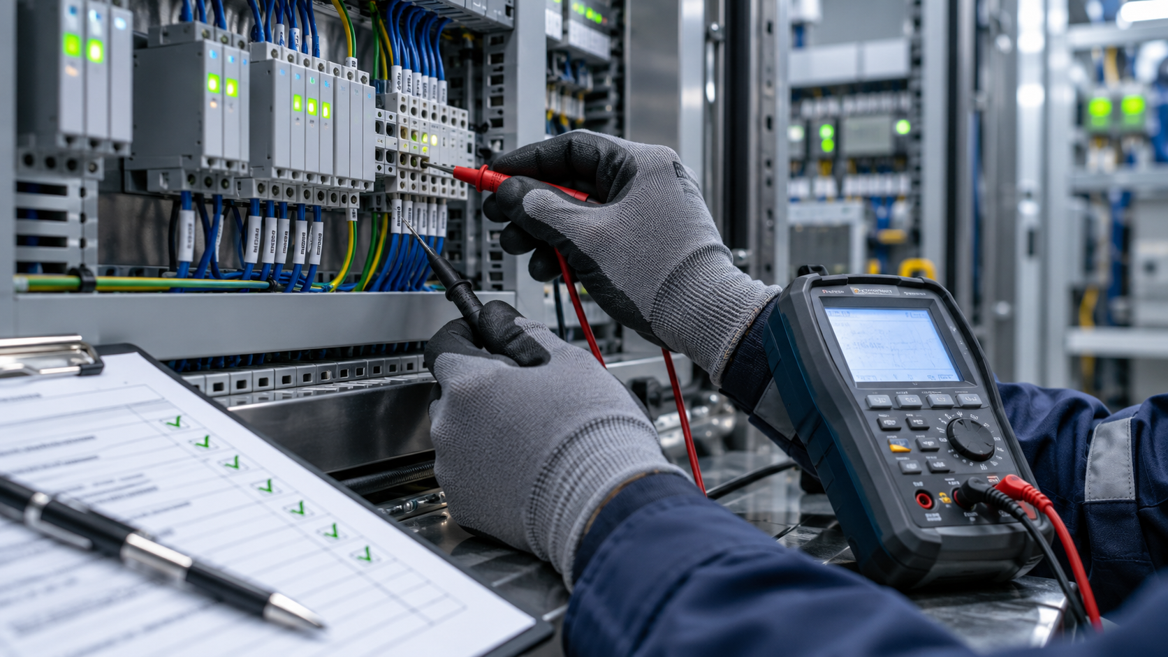 Commissioning specialist verifying an industrial control cabinet